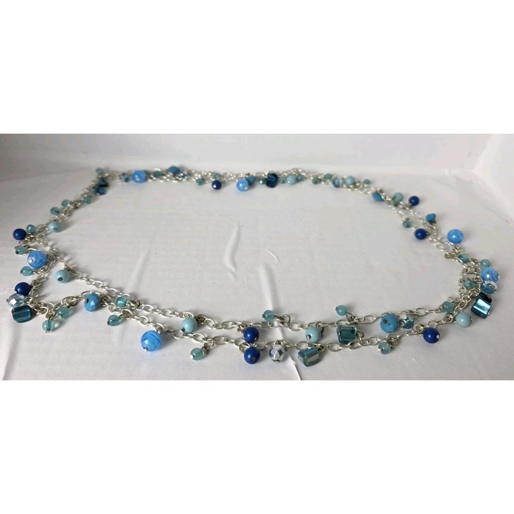 Blue Beaded Silver Tone Chain Belt Women Multi Strand Boho Coastal Accessory